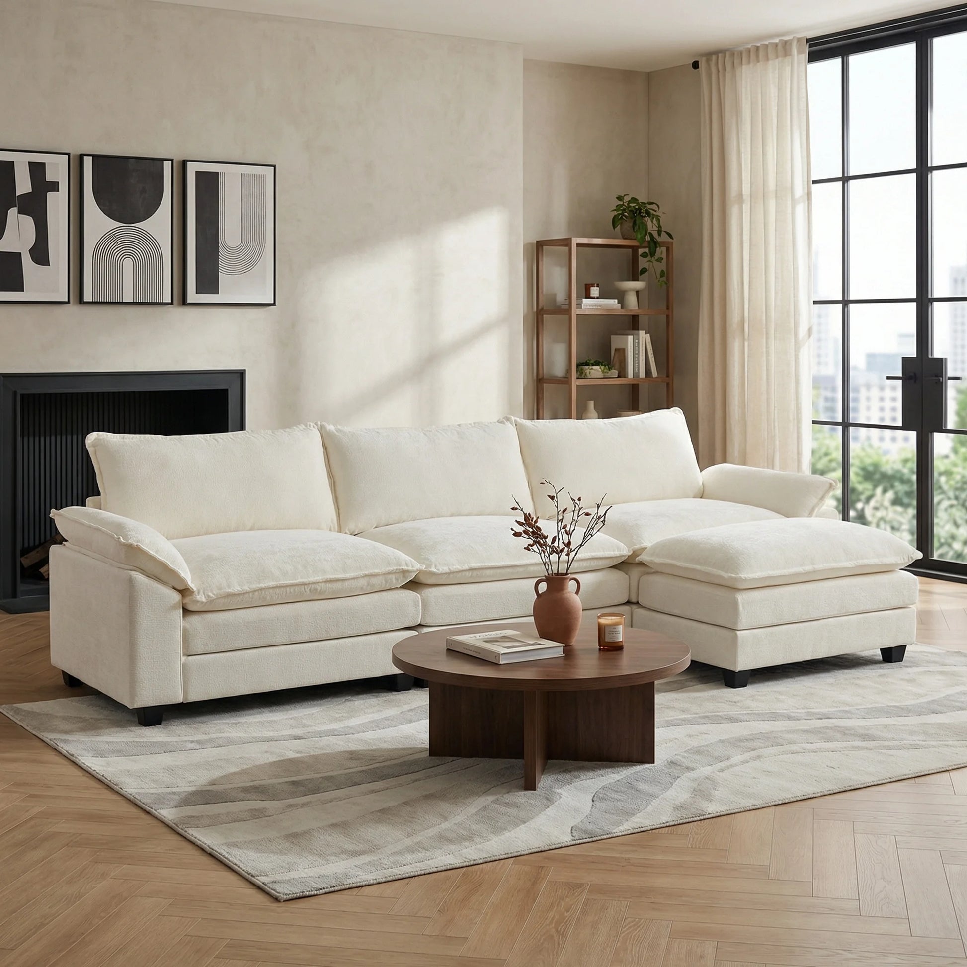 120" W Sectional Sofa L Shaped Couch with Chaise Living Room Sleeper Set, 3 Seats with Chenille and Double Layer Cushions Beige